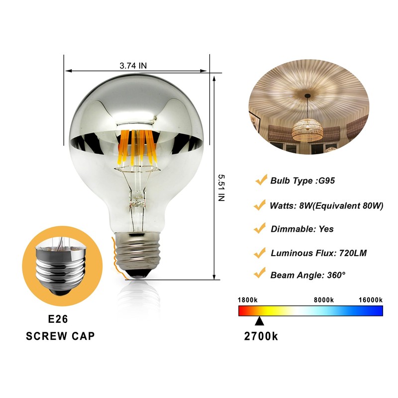 KarlunKoy Large Half Chrome Light Bulb,Dimmable Anti-Glare 8W LED Edison