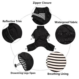 Dog raincoat, dog rain coat poncho waterproof clothes with safe reflective stripes and zipper closure for small medium and large pet - Black - XXL