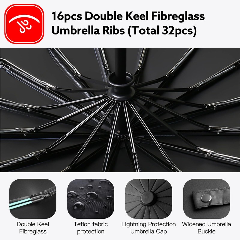 LENDOO Compact Foldable 16 Ribs Storm Proof Umbrella Large Pocket