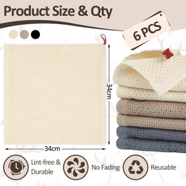 Neerow Cotton Tea Towels, Pack of 6 Dish Cloths Cotton with Hanging Loop, Thick Dish Cloths Cotton for Household, Kitchen, Tableware, Beige Grey Brown (34 × 34 cm)
