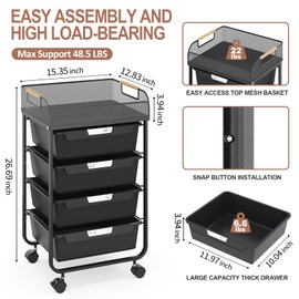SYKIARIOL 4-Drawer Rolling Storage Cart with Mesh Top,Black