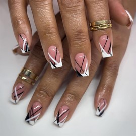IMRAIN French Tips Press on Nails Square Short Fake Nails Gel Glossy Acrylic Full Cover Squoval False Nails Nude Glue Stick on Nails for Women 24Pcs