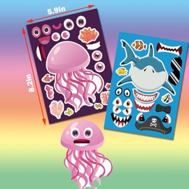 24 Sheets Ocean Stickers Make a Face Stickers for Kids DIY Jellyfish Octopus Shark Sticker Sheets for Girls Children Ocean Birthday Party Favors Exchange Gifts