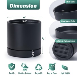 Phoenix Vine 6 Inch Planter Pot with Drainage Hole & Saucer, Deep Water Catch Tray, Straight Cylindrical Round Pot for Plants, Matte Black, Pack of 4, 23-C-S-4