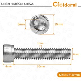 Cicidorai M6-1.0 x 50mm Socket Head Cap Screws Bolts, 304 Stainless Steel (A2-70), Allen Socket Drive, Bright Finish, Full Machine Threads, Quantity 25