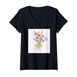 Womens FLORAL WATERCOLORED FLOWERS BEE DRAGONFLY BUTTERFLY LADYBUG V-Neck T-Shirt
