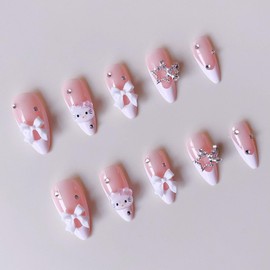 French Tip Press on Nails - Pink Cute KT Cat Almond Fake Nails - White French Nails Cartoon Press ons Cat Bow Star False Nails Tips Stick on Nails Artificial Nails Rhinestones Nails for Women 24pcs