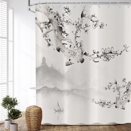 Asdcxz Plum Blossom Shower Curtain, 180 x 180 cm, Asian Chinese Watercolour Grey Plum Blossom, Boat, Washable Shower Curtains, Polyester Textile, Waterproof Shower Curtain for Bathtub, with 12 Hooks