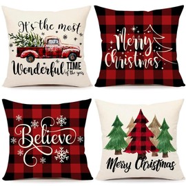 CJWLKJ Christmas Pillow Covers 18x18 Set of 4 Red Black Farmhouse Christmas Decorations Believe Merry Christmas Wonderful Winter Holiday Decor Throw Cushion Case for Home Couch