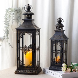TRIROCKS Set of 2 Decorative Lanterns 21.5'' & 16" H Vintage Hanging Tower Lantern Metal Candle Holder with Tempered Glass for Indoor Outdoor Home Decor Parties Garden Wedding Patio