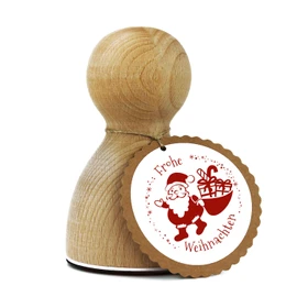 Original Stemplino® Maxi Stamp XL 35 – Merry Christmas Santa English – Merry Christmas For Gifts and Cards for Christmas – High-Quality Wooden Stamp 78 x 46 mm Round