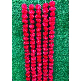 Artificial marigold flowers garland for diwali decor String 5 Indian Wedding Decorations Garlands Party Decorations Genda phool mala 5 Feet Long, for Parties, Christmas decoration, Home Decoration, Festival pack of 5 Red