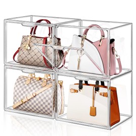4 Packs Handbag Storage Organizer for Closet, ULENDIS Clear Acrylic Display Case for Purse and Handbag, Stackable Storage Organizer with Magnetic Door for Wallet Book Cosmetic Toys Display