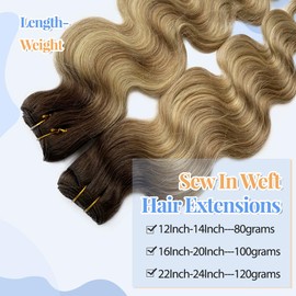 Blonde Highlight Weft Hair Extensions, Body Wave Sew in Human Hair for Adding Ash Brown to Medium Blonde with Chestnut Brown Highlight Natural Curly Bundles 120G 18Inch for Women