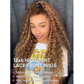 NOELLA 13x6 Highlight Water Wave Lace Front Wigs Human Hair 32 Inch Honey Blonde Ombre Curly Human Hair Wig 210% Density Wet and Wavy HD Lace Frontal Glueless Wig Christmas Gift For Women