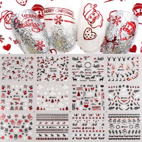12Sheets Christmas Nail Art Stickers Christmas Water Transfer Nail Decal Red Candy Cane Stripes Santa Claus Christmas Tree Elk White Snowflake Nail Design for Actylic Nail Happy New Year Manicure Tip