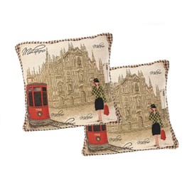 DaDa Bedding Tapestry Throw Pillow Covers - Set of 2 Postcard of Milan Italy European Scenery - Woven Needle Stitched Cushions Elegant Colorful Decor - 2-Pieces - 18" x 18"