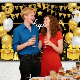 Art_Angels Happy Anniversary Backdrop 10X8 ft Large Black and Gold Balloons design Wall Hanging, Elegant Photography Background Booth Prop Banner for Indoor Outdoor Party Decorations