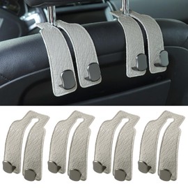 KINICA 4 Pack Car Seat Hooks for Headrest, PU Leather Purse Hook Holder - Double Hook Design for Bags, Phones, Groceries, Car Back Seat Storage Accessories (07-Grey 4 Pcs)