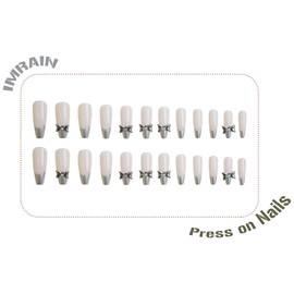 IMRAIN Press on Nails Long Coffin Fake Nails Silver French Tips False Nails with Cute Metal Bow Charms Designs Full Cover Acrylic Ballerina DIY Nail Supplies Glossy Glue on Nails 24Pcs