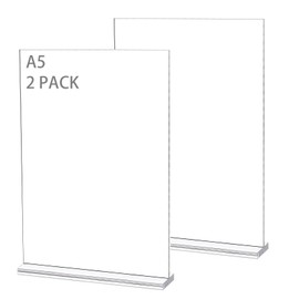 Pack of 2 A5 Stands, 14.8 x 21 cm, Acrylic Sign Holders, Table Stand, Acrylic Stand for Poster, Transparent Stand, Acrylic Paper Sign Holder, for Restaurant, Counter, Cafés, Shop (T)