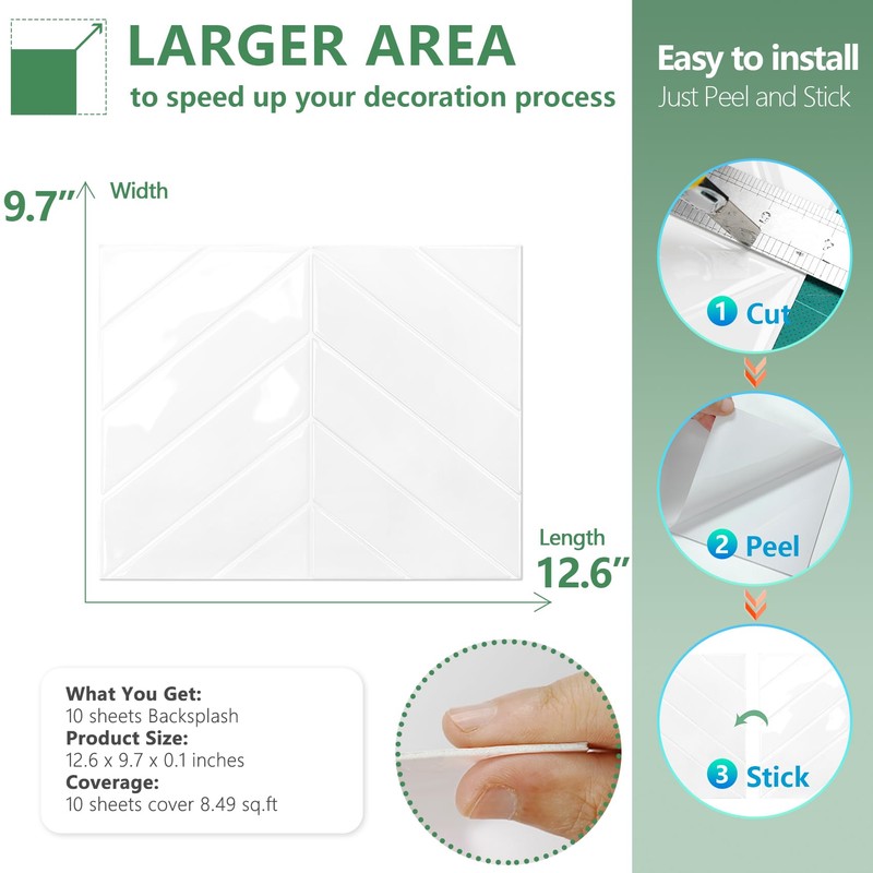 STICKGOO 10 Sheets Thicker Herringbone Peel and Stick Backsplash, 12.6”×9.7”