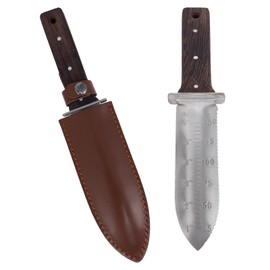 Flonsa Garden Trowel Knife with Leather Sheath Wood Handle, 7” Stainless Steel Blade for Weeding, Digging, Pruning, Cutting, Cultivating, Dividing