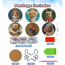 6 Pcs Dogs Diamond Paintings Coasters with Holder for Adults Beginners, Round Full Drill Diamond Art Craft Supplies(Dogs QLBD-09)