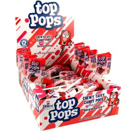 Top Pops Chewy Candy Taffy Pops, Strawberry, 48 Pack