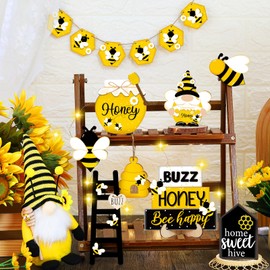 Soaoo 16 Pcs Rustic Tiered Tray Decor Gnome Plush Tray Decor Farmhouse Rustic Wood Table Signs with String Lights for Holiday Table Centerpieces Home Decorations (Bee)