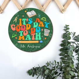 Good Day to Do Math Sign – 12” Round Wooden Math Classroom Decor with Hanging Rope – Reusable Chalk/Marker Surface – Math Teacher Door Sign, Algebra Geometry Wall Poster, STEM Gift