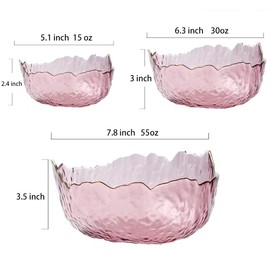 Glass Salad Bowls 3 Piece Set,Irregular Shape Phnom Penh Serving Bowls,Glass Bowls for Kitchen,Pretty Serving Bowls for Pasta,Dessert,Popcorn,Fruit,Snacks - Refrigerator Freezer Safe (Purple pink)