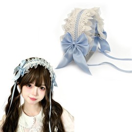 HAVITAL Lolita Hair Ornament, Embroidered, Bowknot, Cute, Lace, Women's Headband, Frills, Cute, Cosplay, Cute Princess, Forest Girl with Ribbon, Gothic Girls, Maid Hair (Light Blue)