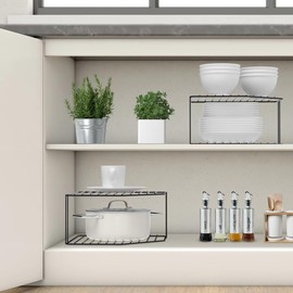 AKAZA 2Pcs 2-Tier Corner Stackable Organizer Shelf for Kitchen - Cabinet Storage Shelf Rack, Shelves，Kitchen Counter and Cabinet Shelf, Storage Rack Organizer (Black)