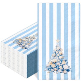 100 Pcs Seashell Christmas Tree Guest Napkins Watercolor Summer Stripe Paper Napkins Blue Disposable Bathroom Hand Towels for Party Dinner Table Supplies
