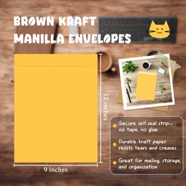 slapaflife 25 Pack Manilla Envelopes 9 x 12, Brown, Letter Size, Self-Seal Manila Large Envelopes for Office Business, Home, Organize, storage