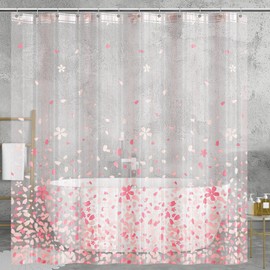 Hahafelt Plastic Pink Flower Shower Curtain Liner Peva Clear Shower Curtain Set Cute Flower Petals Waterproof Liner with 12 Pack Hooks Soft Lightweight for Bathroom 71x71"