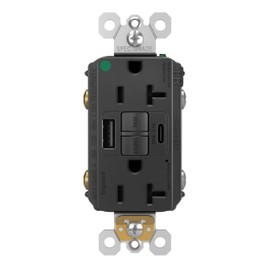 Legrand Pass & Seymour Radiant 20 Amp GFCI Wall Power Outlet with 2.0 Amp USB A/A Charger, Black