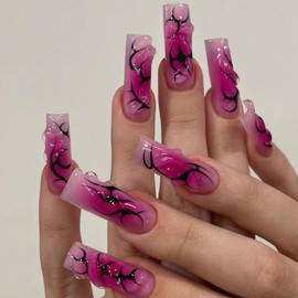 IMRAIN Long Square Press on Nails Purple Ombre & Black Flame Designs 3D Handmade Gel Glossy Glue on Nails Full Cover Acrylic Reusable Y2K False Nails for Women Girls 24Pcs