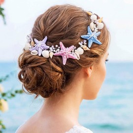 Unicra- Enredadera para el cabello de novia con forma de concha marina, diadema de novia con forma de estrella de mar, accesorios para el cabello de playa con perlas para mujeres y