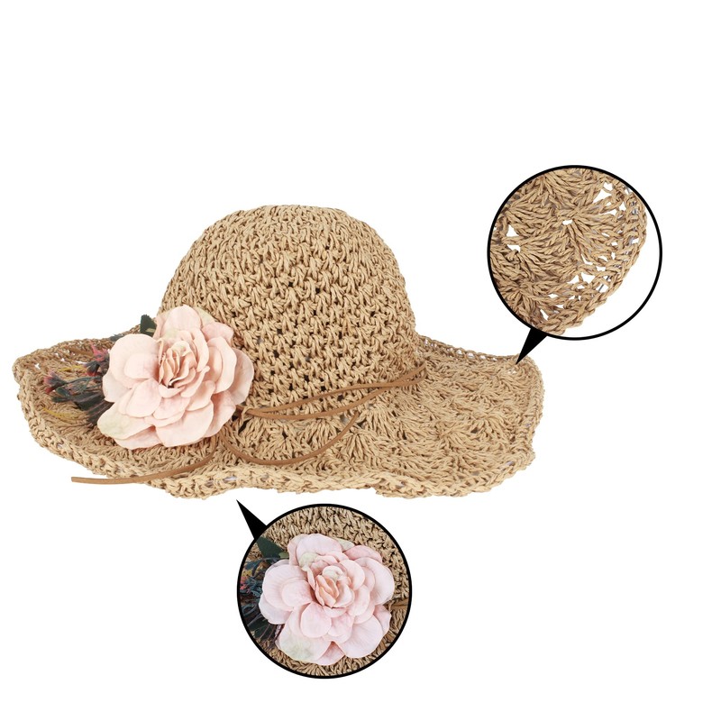 Milya Straw Foldable Sun Hat with Wide Brim Flowers Straw