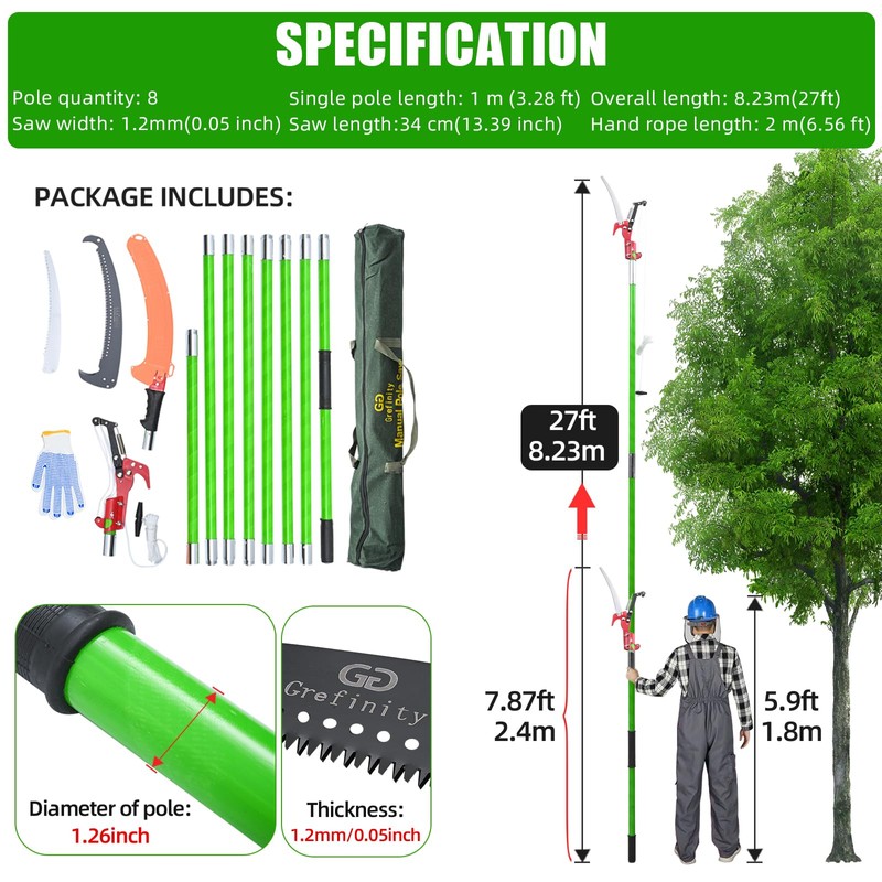 Grefinity 27FT Manual Pole Saw, Tree Branch Trimmer with 8-Section