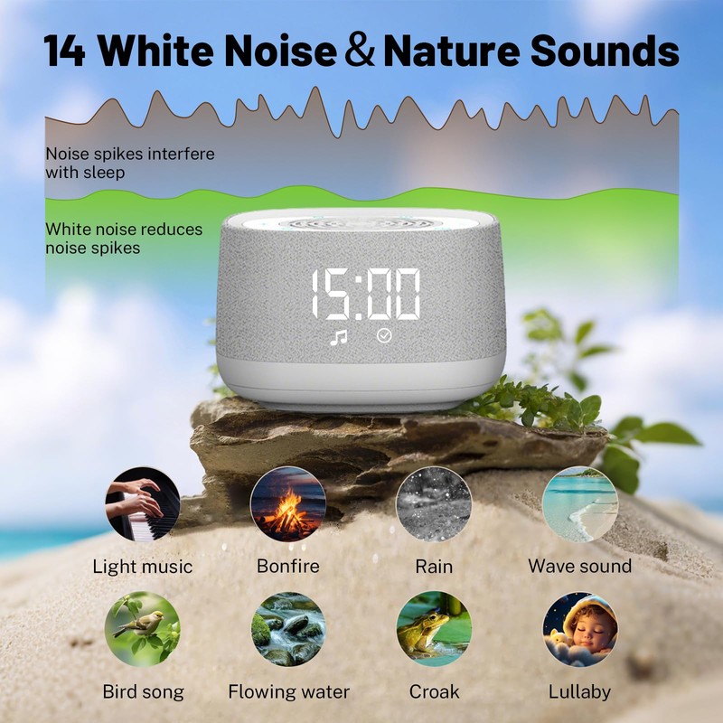 Sound Machine & Clock with Bluetooth 5.4, 14 Soothing White
