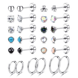 Jstyle Surgical Steel Earrings for Sensitive Ears hypoallergenic 20G Stud Hoop Earrings Set for Women Men Small Opal Ball CZ Surgical Steel Flat Back Cartilage Earrings Hoop Stud- Silver Tone