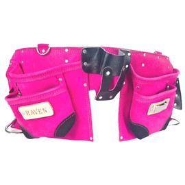 RAVEN 12 Pocket Pink Leather Tool Pouch With Belt | Knife & Hammer Holders | Tape Measure Holder | 22" x 9" | Ideal for Handymen & Construction Workers
