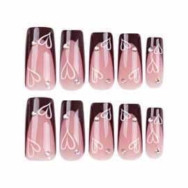 BABALAL Fall French Tip Press on Nails Medium Square Fake Nails Brown Glue on Nails Heart Rhinestone Design Shiny Acrylic Nails 24Pcs Squoval Manicure Artificial Cute False Nails for Women and Girls