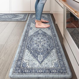 KIMODE Anti Fatigue Kitchen Mat, Cushioned Boho Kitchen Rugs Sets of 2, Non Slip Farmhouse Kitchen Mat for Floor, Waterproof Standing Desk Mat for Laundry, Office, Sink Navy Blue 17"x59"+17"x29"