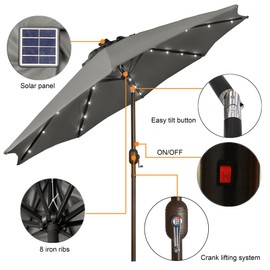 Blissun 9 ft Solar Umbrella, 32 LED Lighted Patio Umbrella, Table Market Umbrella, Outdoor Umbrella for Garden, Deck, Backyard, Pool and Beach (Grey)