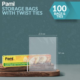 PAMI PAMI Plastic Food Bags with Twist Ties Gallon Size (11x12.5") Pack of 100 Disposable Storage Bags for Kitchen, Home, Office