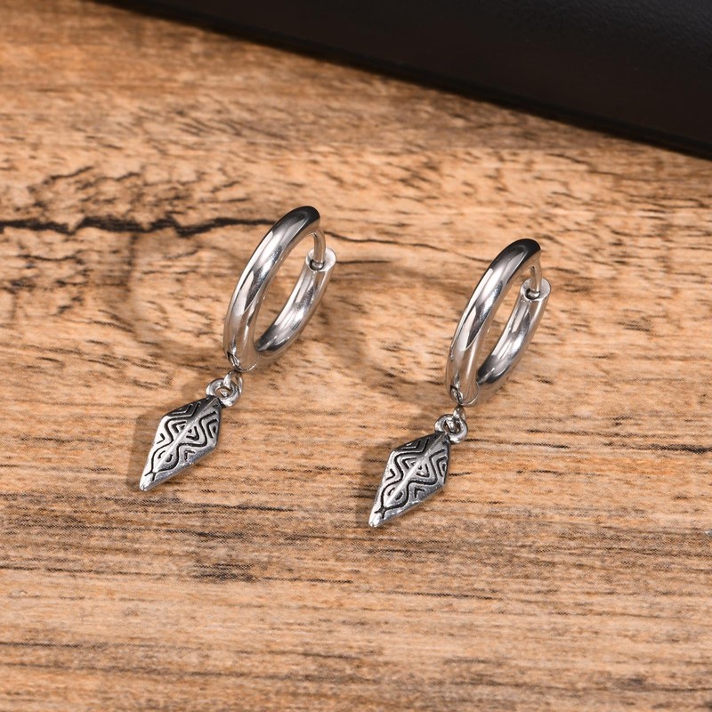 Rockyu Men's Stainless Steel Hoop Earrings for One Ear, Rhombus